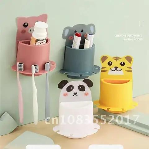 

Wall-Mounted Toothbrush Storage Rack Cartoon Animal Pattern Bathroom Waterproof And Convenient Hook 1Pc Household Self-Adhesive