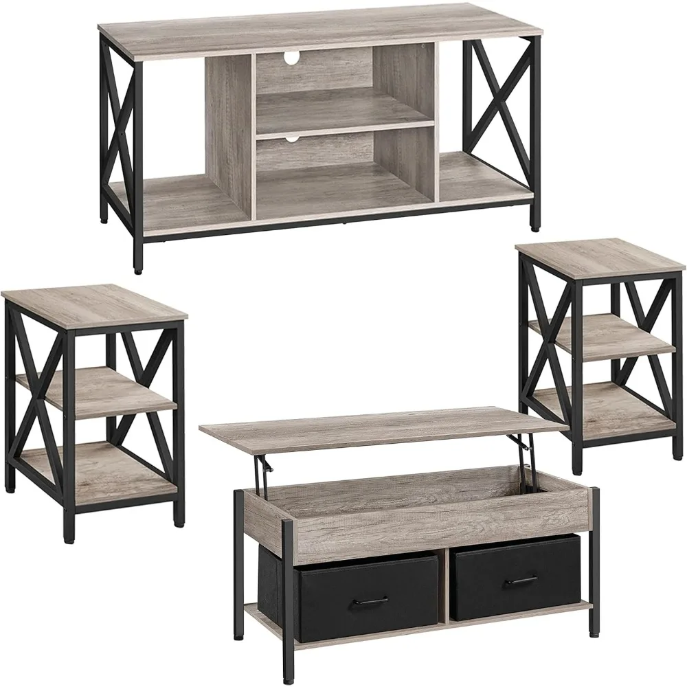 4-Piece Living Room Furniture Sets 2Pcs 3 Tier Sofa Side End Table 41.5 Inch Lift Top Coffee Table 60 Inch TV Stand Gray