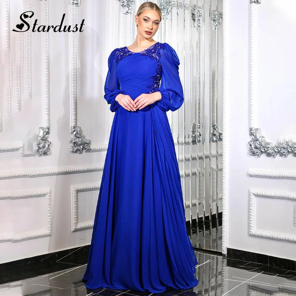 

Stardust Glamorous A-Line Evening Dresses Jewel Neck Puff Sleeves Tulle Beading Pleat Draped Dubai Vestidos de Gala Customized