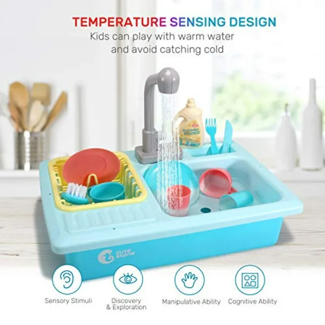 CUTE STONE Color Changing Kitchen Sink Toys, Electric Dishwasher Playing Toy with Running Water, Upgraded Faucet, Automatic Wat