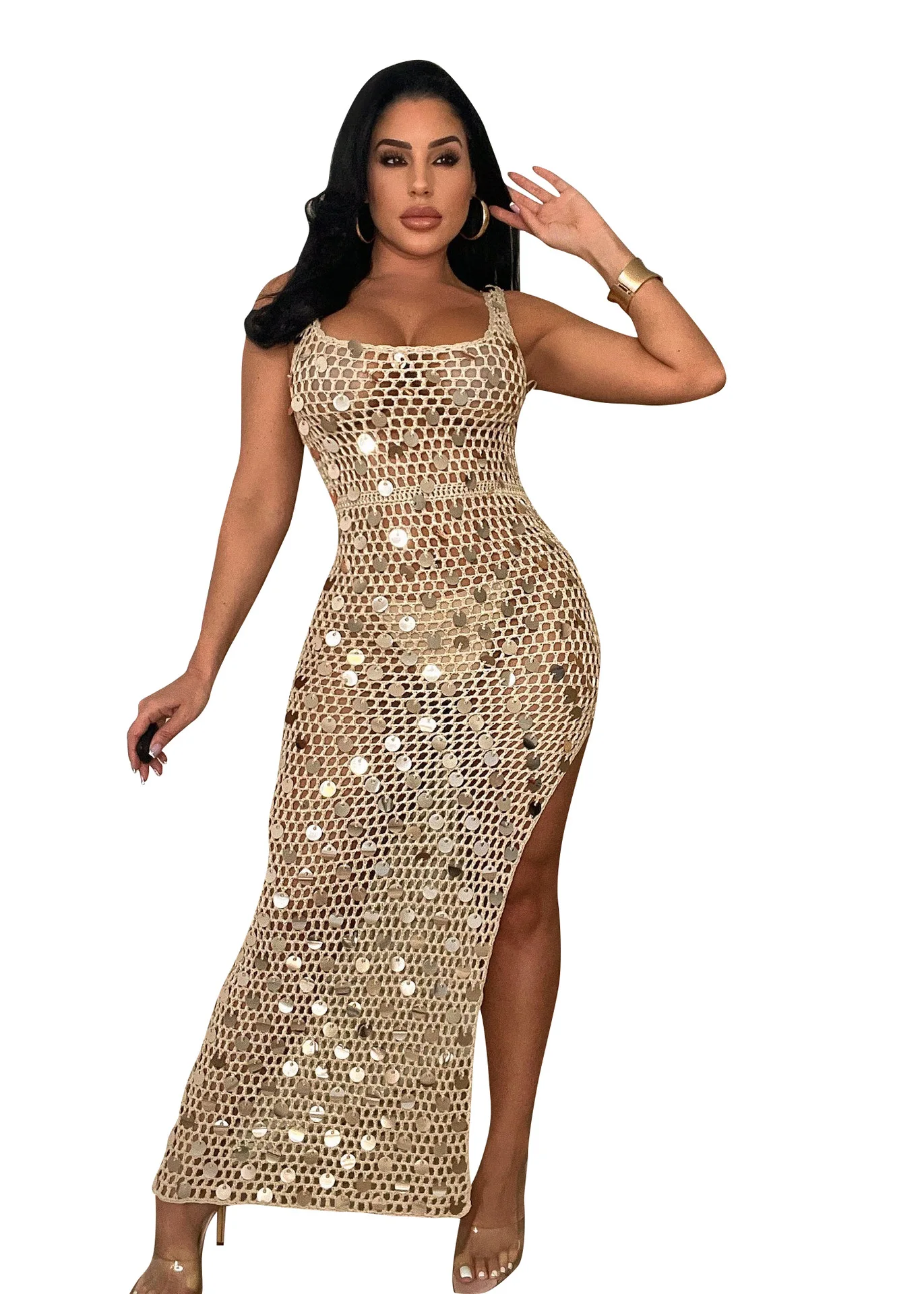 Kendny Robe longue en tricot côtelé à paillettes pour femmes évider voir à travers le maillot de bain couverture de vêtements de plage en club robes maxi sexy robe Y2K 2023 7