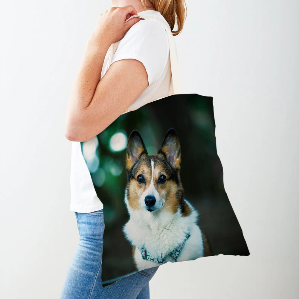 

Cute Pet Animal Canvas Shopping Bags Both Sided Casual Lady Travel Tote Handbags Welsh Corgi Pembroke Dog Women Shopper Bag