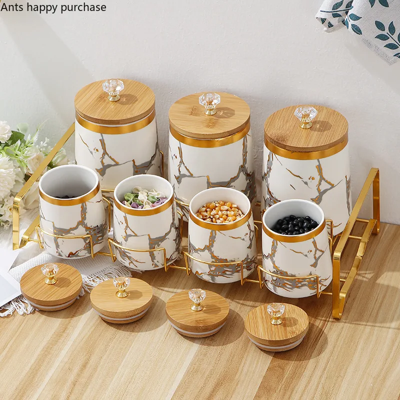 Ceramic Storage Jar 7 Piece Set Airtight Jar with Wooden Lid