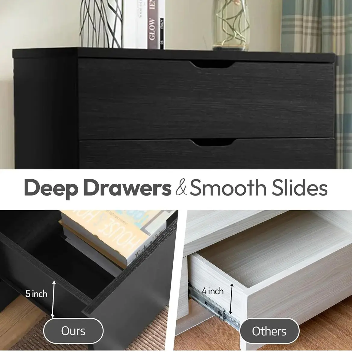 Five drawer clothes and storage chest cabinet in red cocoa chocolate faux wood grain and metal glides
