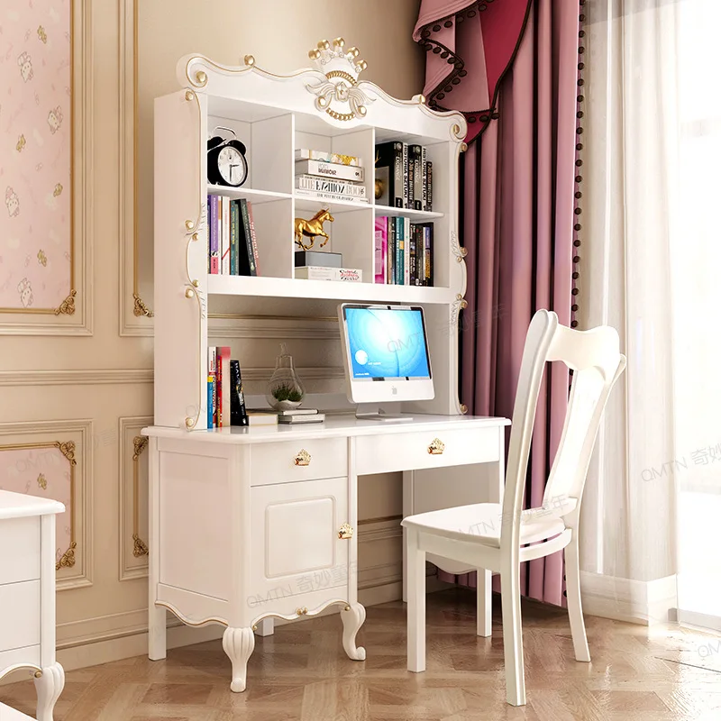 Children's furniture European desk bookshelf combination simple solid wood computer table princess white table bedroom writing d