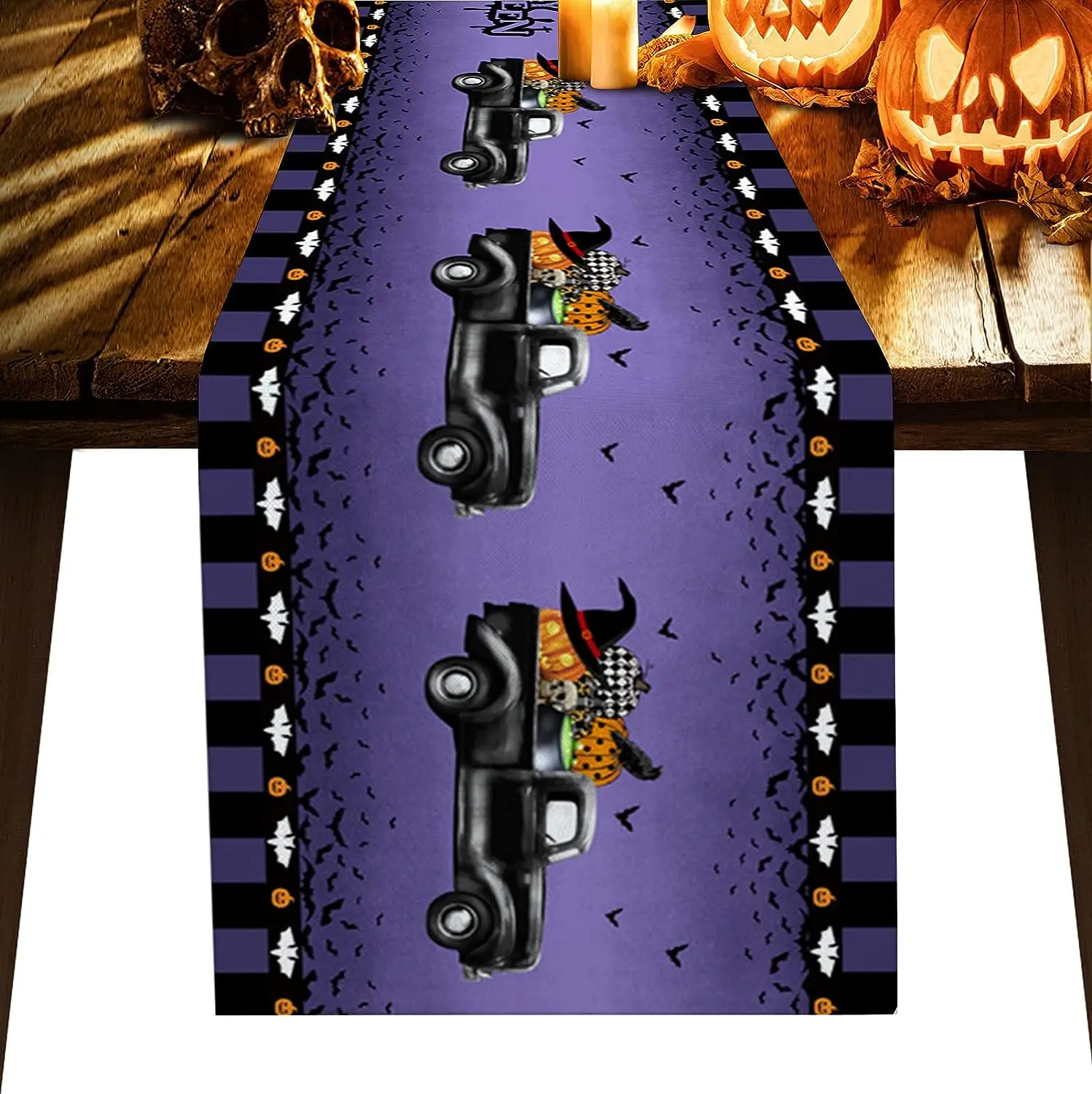 

Halloween Farm Truck Pumpkin Bat Linen Table Runners Dresser Scarf for Kitchen Farmhouse Table Runners Halloween Decoration