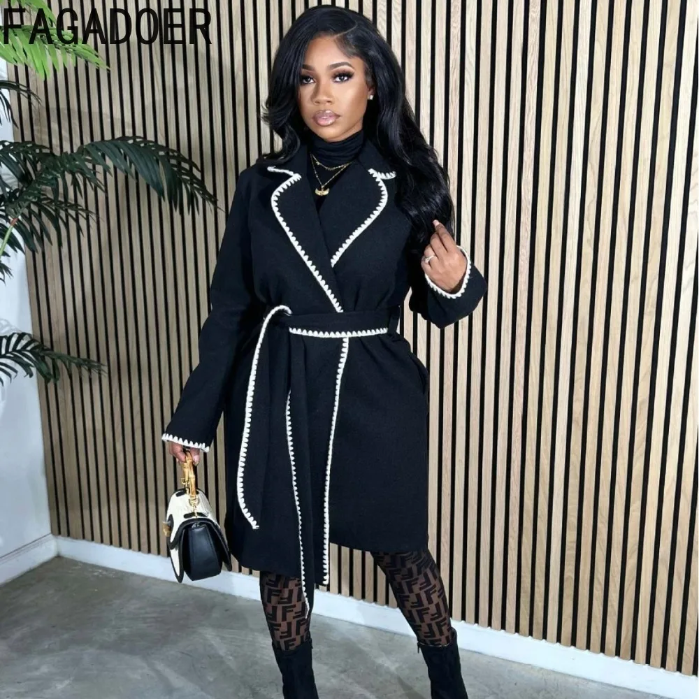 FAGADOER Fashion Print Woolen Lace Up Trench Coats Women Turndown Collar Long Sleeve Loose Cardigan Elegant Female Matching Tops