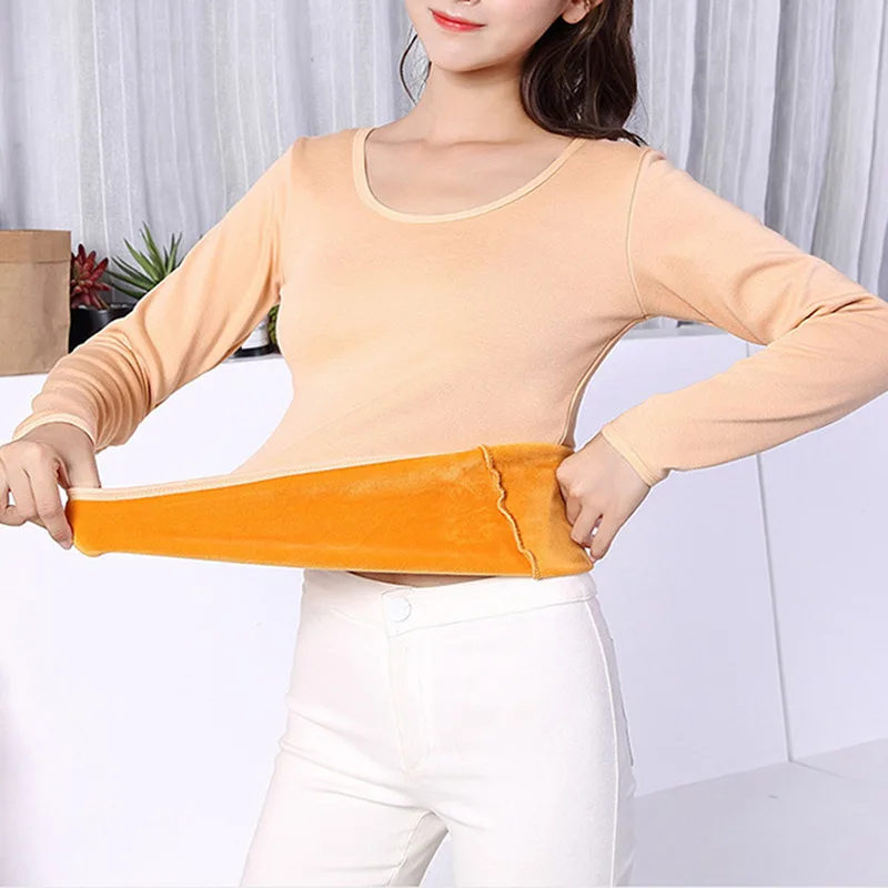 

Women Autumn Winter Bottoming Shirt Constant Temperature Plus Velvet Long-sleeved T-shirt Thin Velvet Heating Fiber Thermal Top