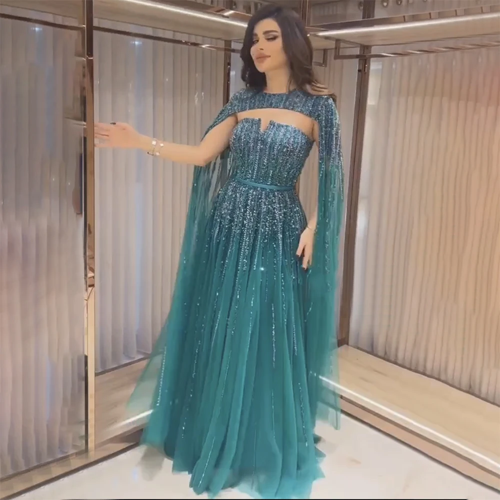 Serene Hill Arabic Green Cape Sleeves A Line Beaded Evening Dresses Long 2023 Celebrity Gowns For Woman Wedding Party LA71912