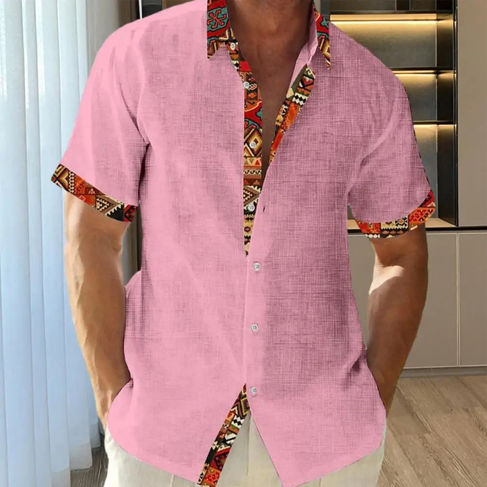 

Contrast Color Lapel Shirt Hawaii Beach Vacation Shirt Men's Summer Shirt with Turn-down Collar Short Sleeves for Holiday