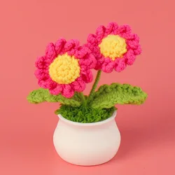 Charming Handmade Daisy Crochet Flower Pot Decor (Rose red)