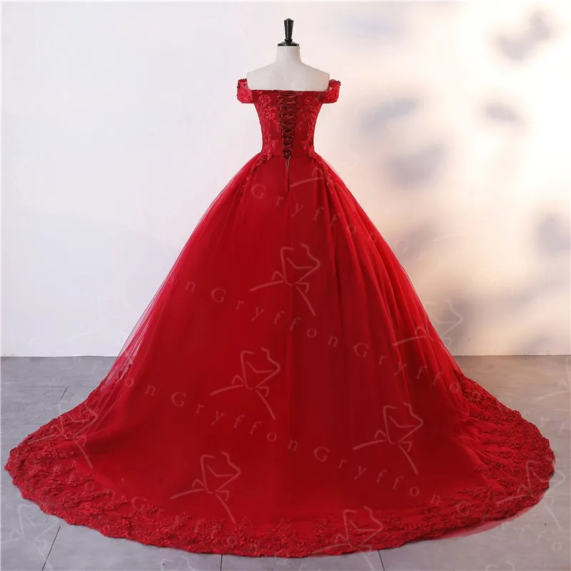 Quinceanera Party Dress New Dark Red Classic Off Shoulder Ball Gown Luxury Lace Sweet Flower Prom Real Photo party dress quinceanera dresses