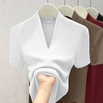 Women Threaded New Summer Short Sleeved Top for Fashion Versatile Base Shirt Plus Size Slim Fit V-neck Casual and Sexy T-shirt 1