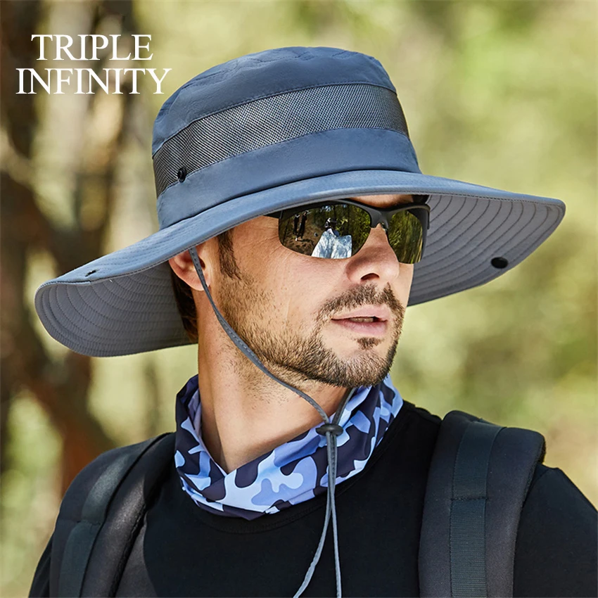 Summer Breathable Mesh Sun Hats Outdoor Fishing Hiking Wide Brim Breathable  Foldable Anti-UV Bucket Hat Fashion Men's Panama Hat