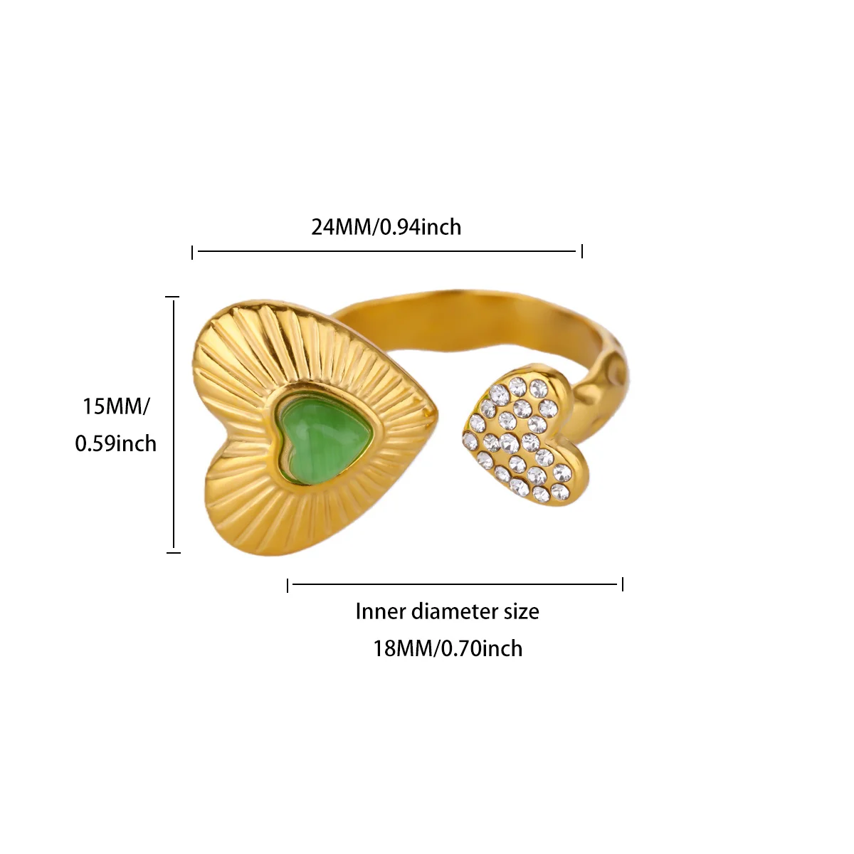 Green Zircon Heart Rings For Women Gold Color Stainless Steel