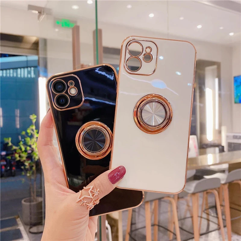 Silicone Ring Holder Phone Case For iPhone 11 12 13 14 15 Pro Max Mini X XR 8 Plus With Rotate Kickstand Shockproof Cover