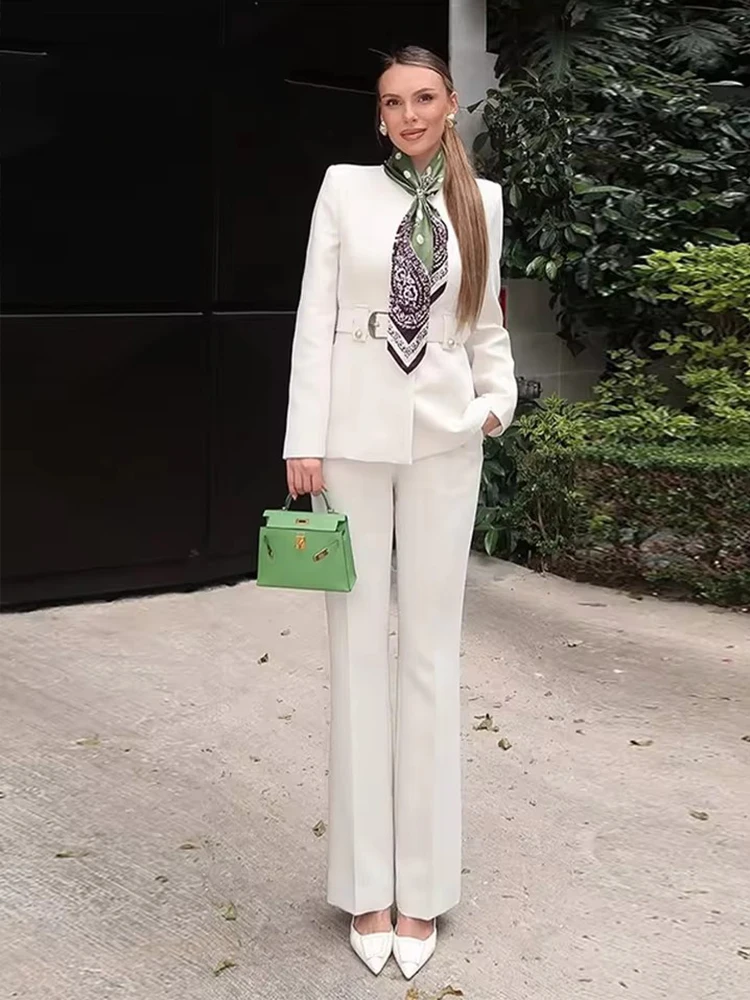 Flared Pants Two Pieces Sets Women Long Sleeve Fashion With Belt Blazer Coat Trousers Women's Suit 2025 New Woman Outfits