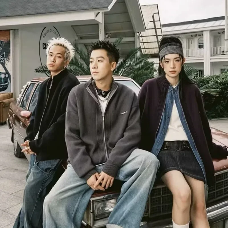 Autumn Solid Color Embroidery Stand Collar Cardigan Sweater Men's Casual Loose-fit Knitted Top Couples Trendy Fall/winter Style