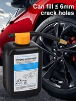 Produit pour crevaison de pneus avec scellant universel en bouteille, posée devant une voiture rouge. Texte indiquant: 'Peut remplir des trous de fissure ≤ 6mm'. Adapté pour réparation d'urgence des crevaisons et sûr pour les pne