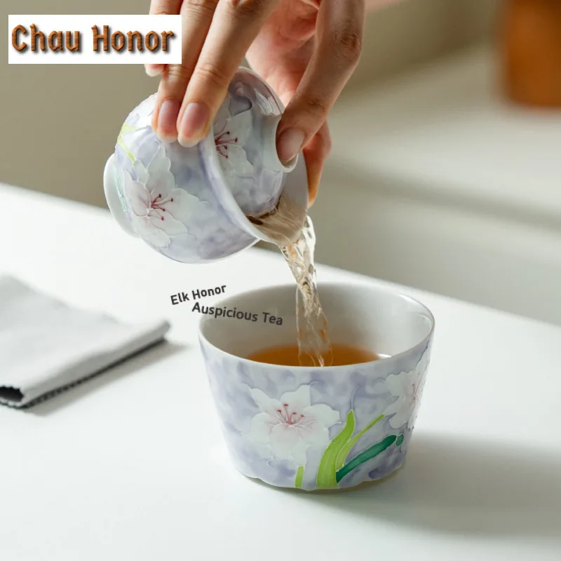 Misty Purple Pure Hand-painted Lily Tea Set Complete Set Retro Tea Ceremony Set Tea Making Teapot and Tea Cup Set Drinkware Gift