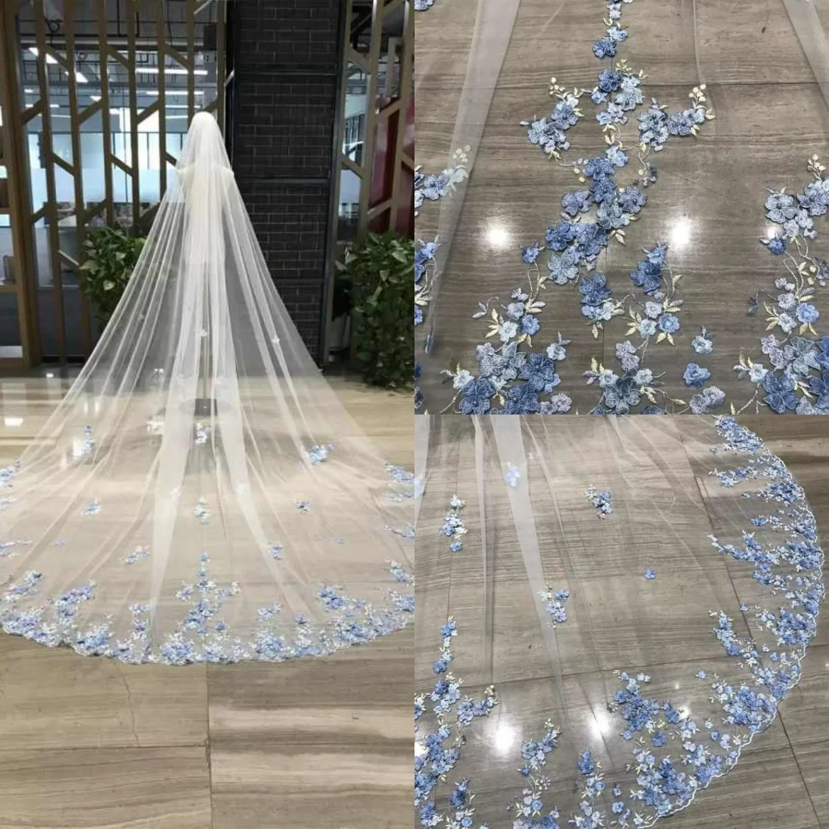 Illusion Wedding Veil 3D Appliques One Layer Long Cathedral Length Veils Applique Edge Velo De Cabeza For Bride Customized