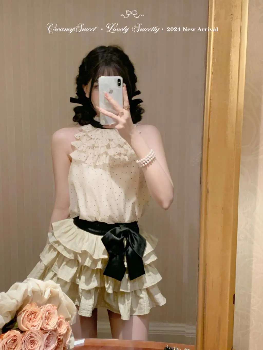 Y2K Polka Dot Two-piece Set Women Chiffon Halter Sleeveless Top Ruffles A-line Cake Mini Skirt Summer New Korean Fashion Outfits