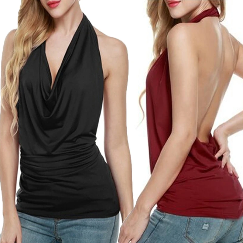 

Shirts Women Blouses Fashion Backless Tops Sexy Sleeveless Hanging Neck T Blouse For Woman Summer Blouse Deep V Halter Tops