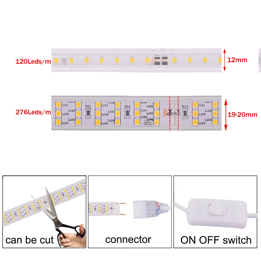 276Leds/m Super Bright LED Strip Light 220V 2835 Flexible LED Tape with Switch 120Led/m Outdoor Waterproof LED Ribbon Rope Light