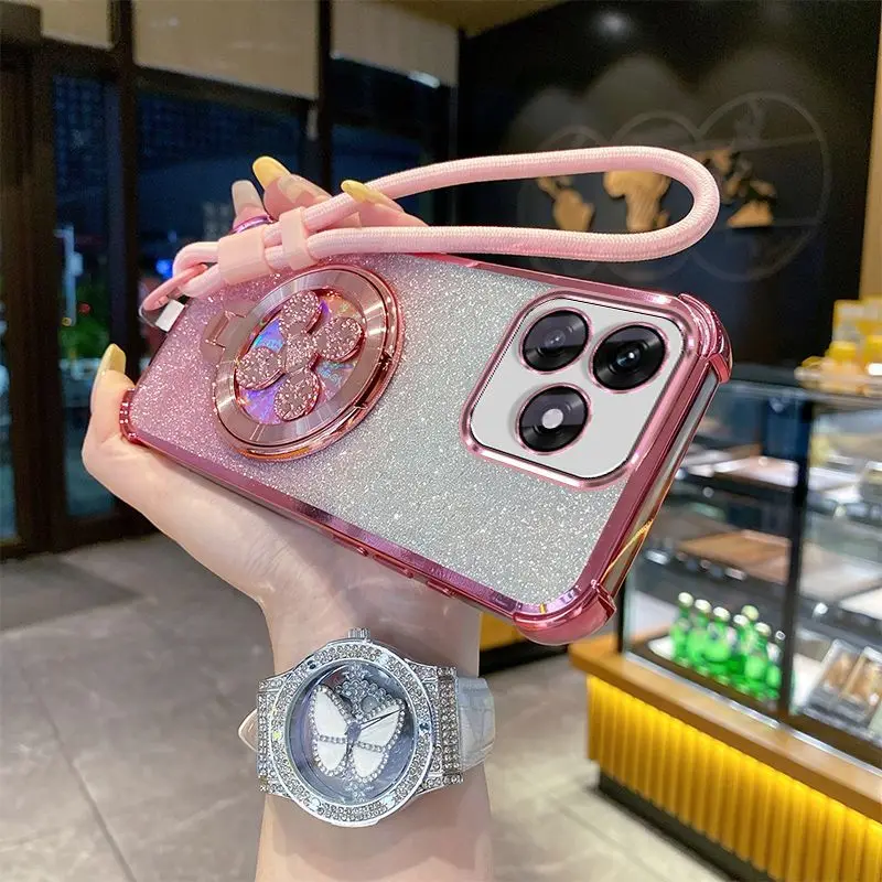 Gradient Glitter Electroplated Phone Case with Hand Strap Holder