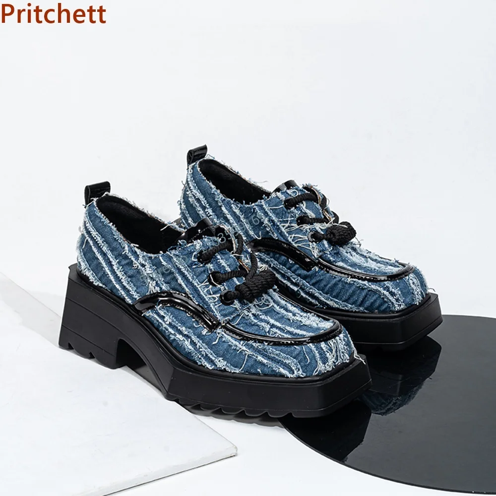 

Denim Blue Mixed Color Pumps Square Toe Thick Soled Solid Platform Lace Up Shallow Shoes British Style Spring Concise Shoes