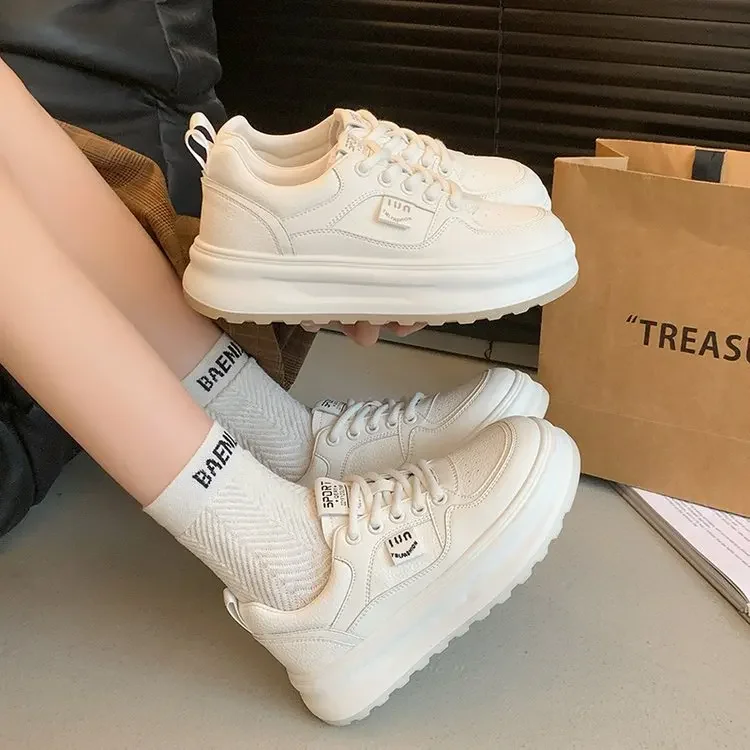 Spring Korean Version Thick Bottom Pure Color Sports Skate Shoes Women Casual Street Photography Shoes White Sneakers