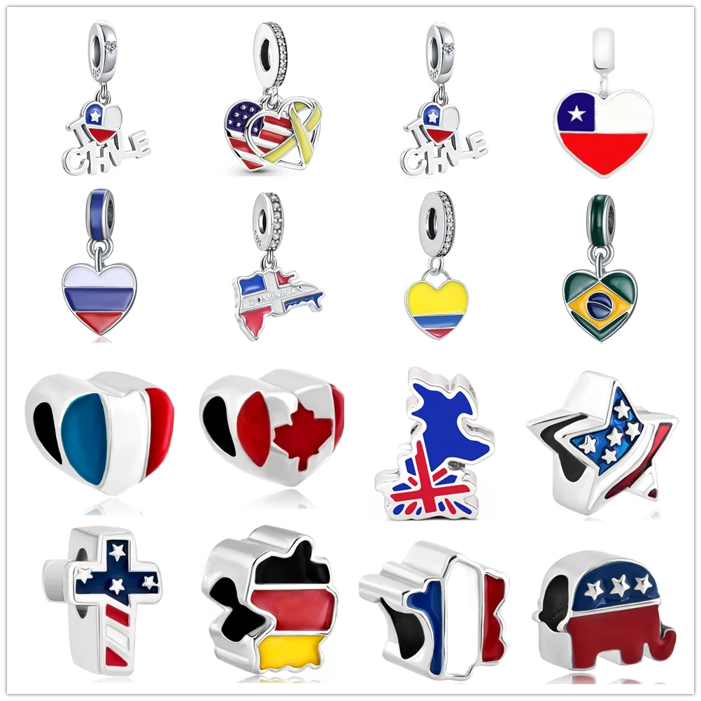 

New Silver Color United States France Chile Flag Charms Pendant Fit Original Pandora Bracelet DIY Jewelry Women Trinket Making