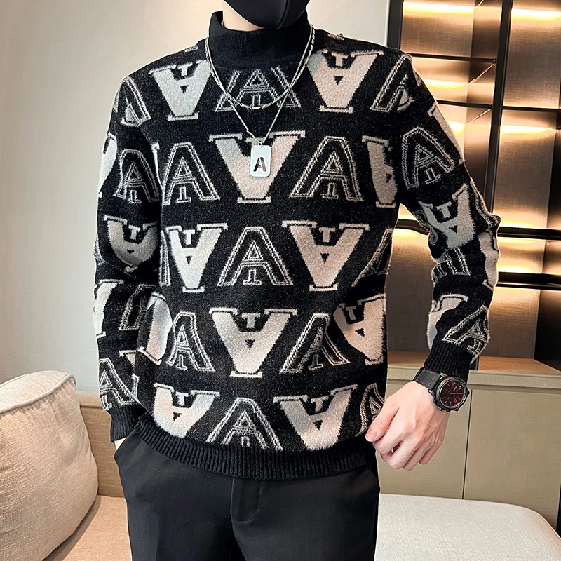 Suéter Jacquard de manga larga para hombre, jerseys de punto con