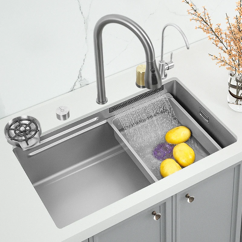 Kitchen Sink with Waterfall Faucet Stainless Steel Large Single
