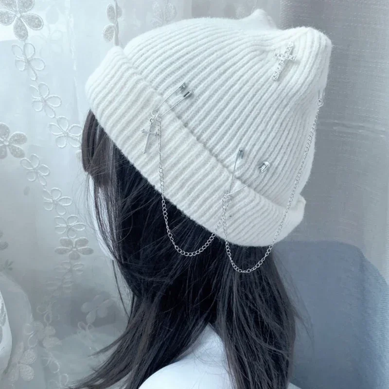 Gothic Knitted Beanie Hat for Women Y2K Cat Ear Hat Handmade Crochet Skull Hat Female Teens Subculture Headwear 3