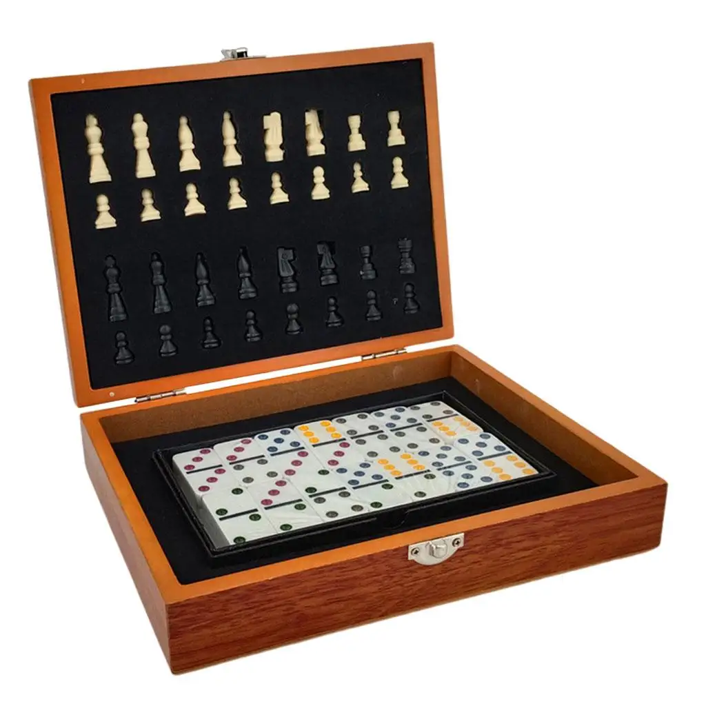 Chess and Dominoes Set Board Games Entertainment Chess 4cm King Size Portable Foldable Wooden Set for Family