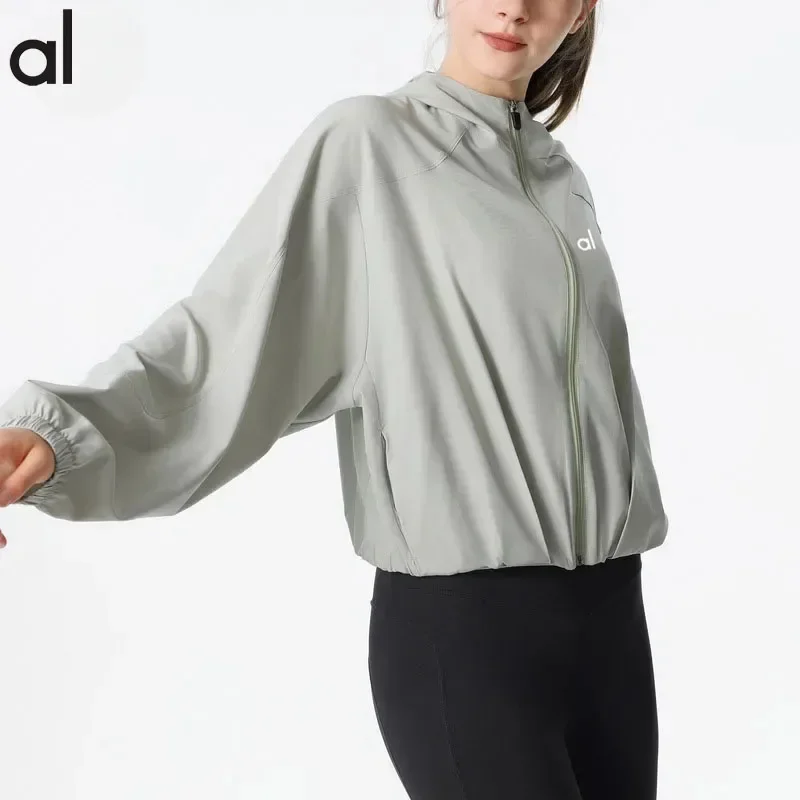

AL Yoga Coat for Women with Logo Sports Yoga Coat Women Loose Fit Outdoor Fitness Running Workout Top Gym Hooded Sun Protection