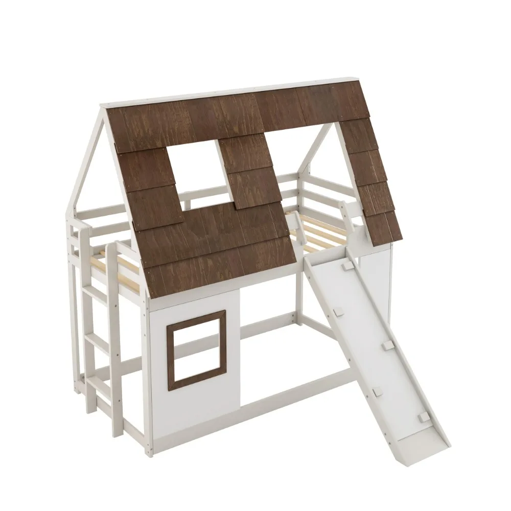 Low House Bunk Bed with Slide and Roof, Wood Twin Over Twin Floor Bunk BES for Kids 5