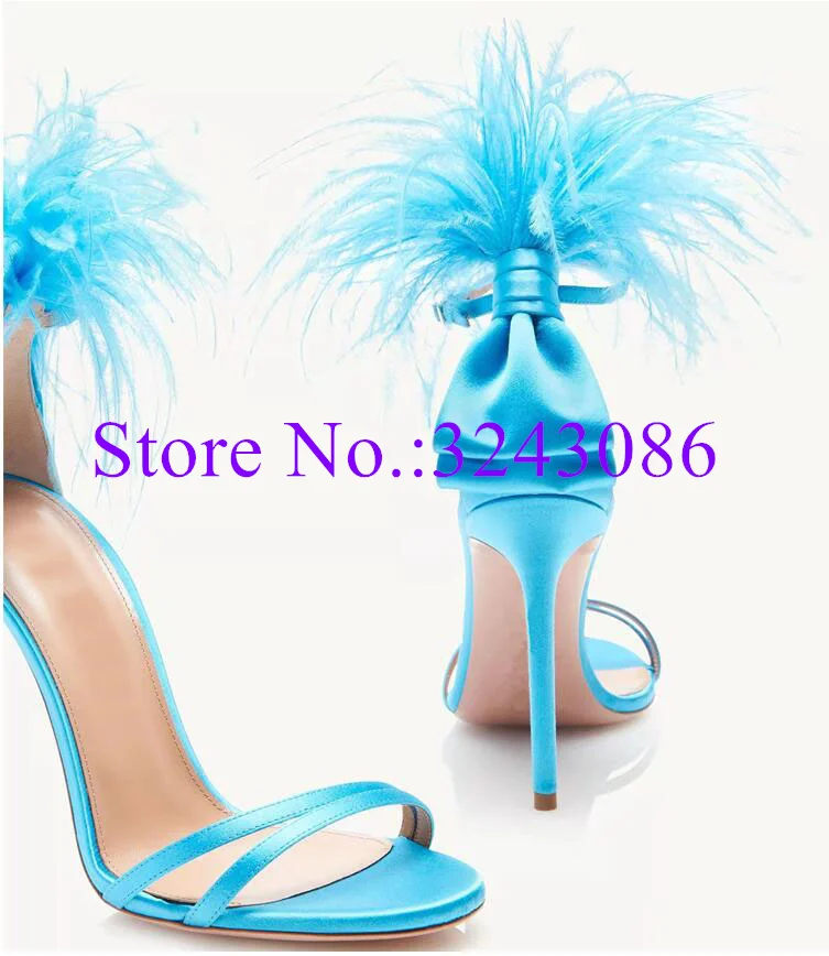 

Sexy Blue Feather Knot Lady Sandals Peep Toe Thin Heel Woman Fashion Pumps New Design Banquet High Heels Shoes Dropship