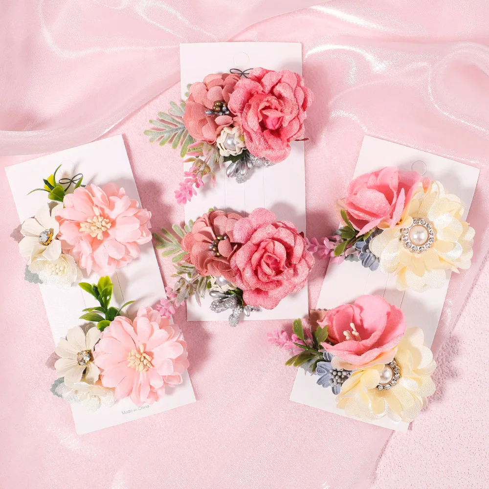 2PcsSetSweetGirlsFlowerPetalsHairClipsPearlChiffonFloral