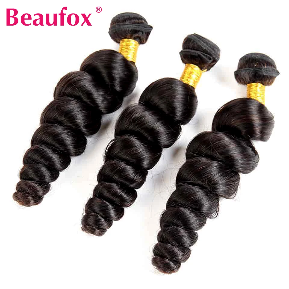 Beaufox Indian Human Hair Weave Bundles 3 Bundles Deal Loose Wave Natural /Jet Black Color Remy Wavy Hair Extensions