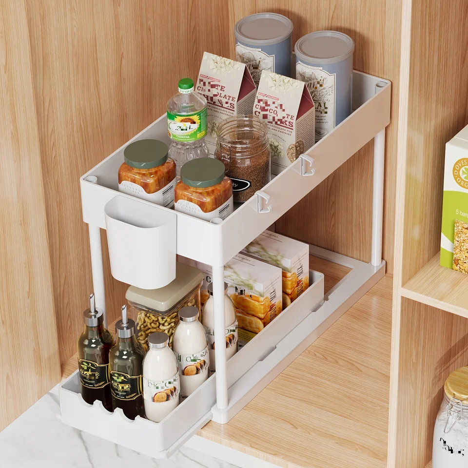 2Pcs Double Layer Sliding Cabinet Organizer