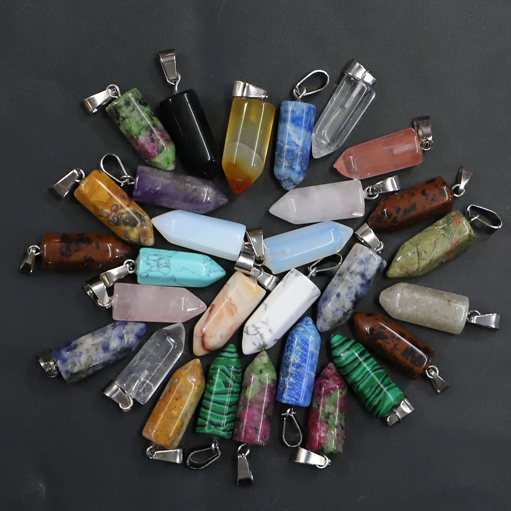 Fashion Natural Stone Necklace Hexagonal Pillar Pendant Lapis Opal Crystal Quartz Pendulum Reiki Charms DIY Jewelry Making 30Pcs