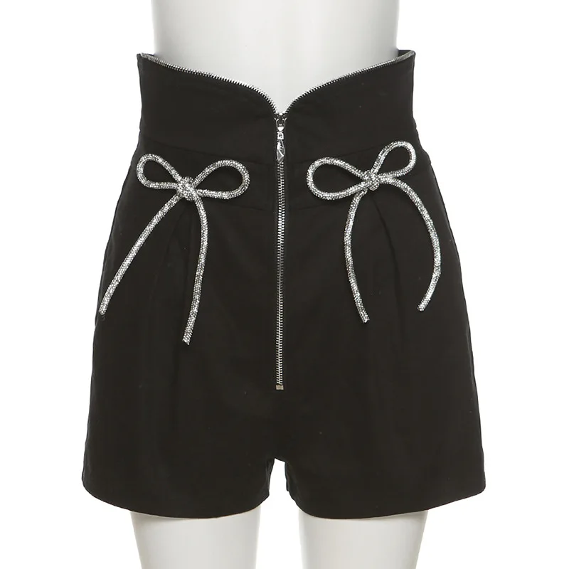 2024 Women High Waist Bow Bandage Shorts Streetwear Casual Zipper Black Bottoms Indie New Fashion Female New Summer Solid Shorts