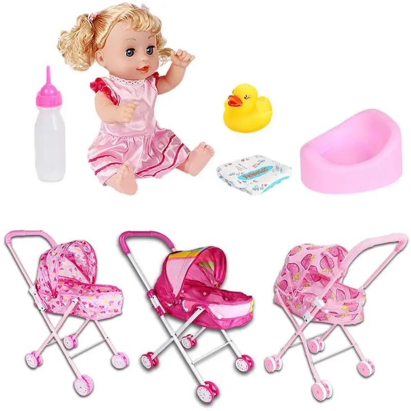 

Babys Doll Stroller Set Babys Doll Set With Feeding Accessories Little Kids Deluxe Newborn Babys Doll Stroller Nursery Playset