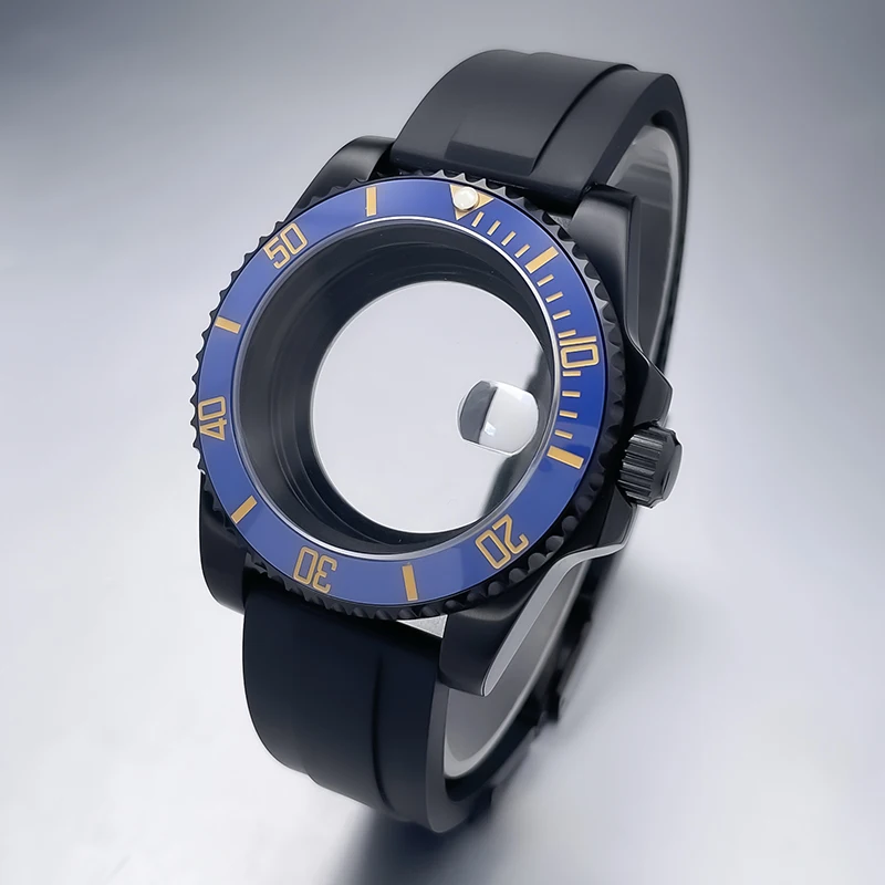 All-Black Sub Style Watch Case with Rubber Strap and Sapphire Crystal