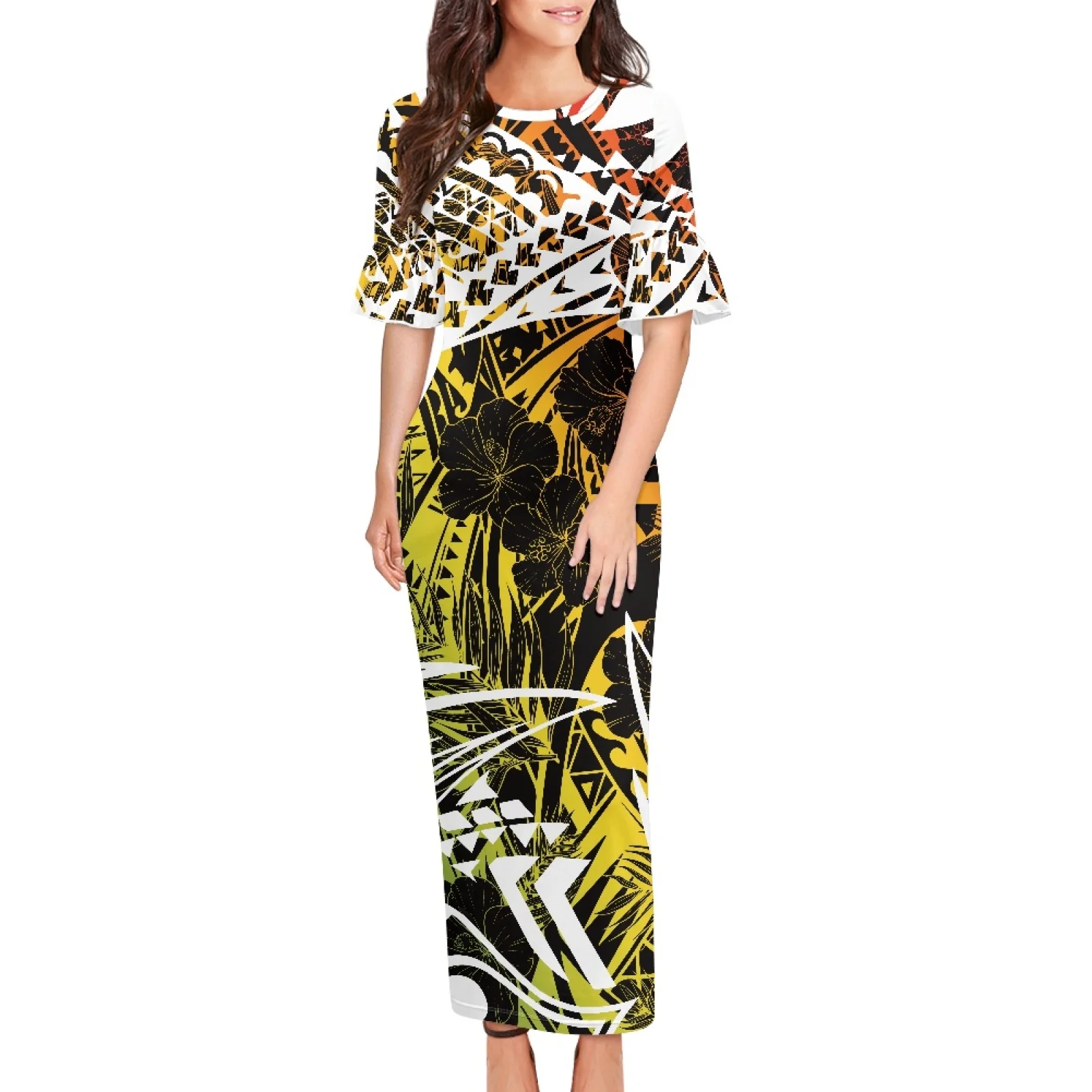 

Polynesian Tribal Pohnpei Totem Tattoo Prints High Quality ​Lotus Leaf Short Sleeve Round Neck Sexy Long Dress Slim Lady Big Siz