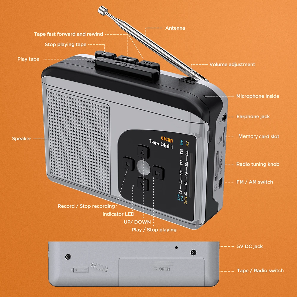 ezcap234 USB Cassette Player w/ Tape-to-MP3 Converter Built-in Speaker Microphone Portable Walkman Voice Recorder Support AM/FM
