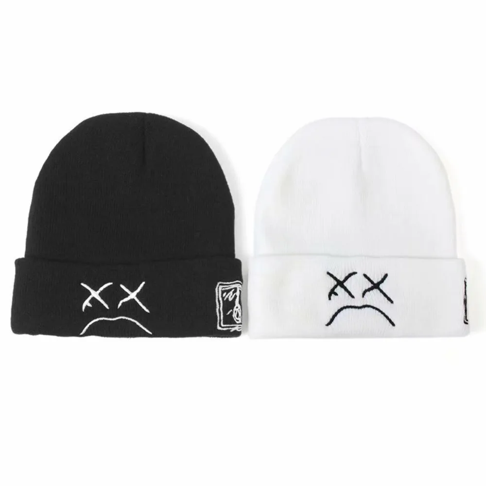 Beanie, Knitted Hat, hip-hop style, Embroidered Knitted Hat With Sad Expression, Warm Woolen Hat for Men and Women Cap 5
