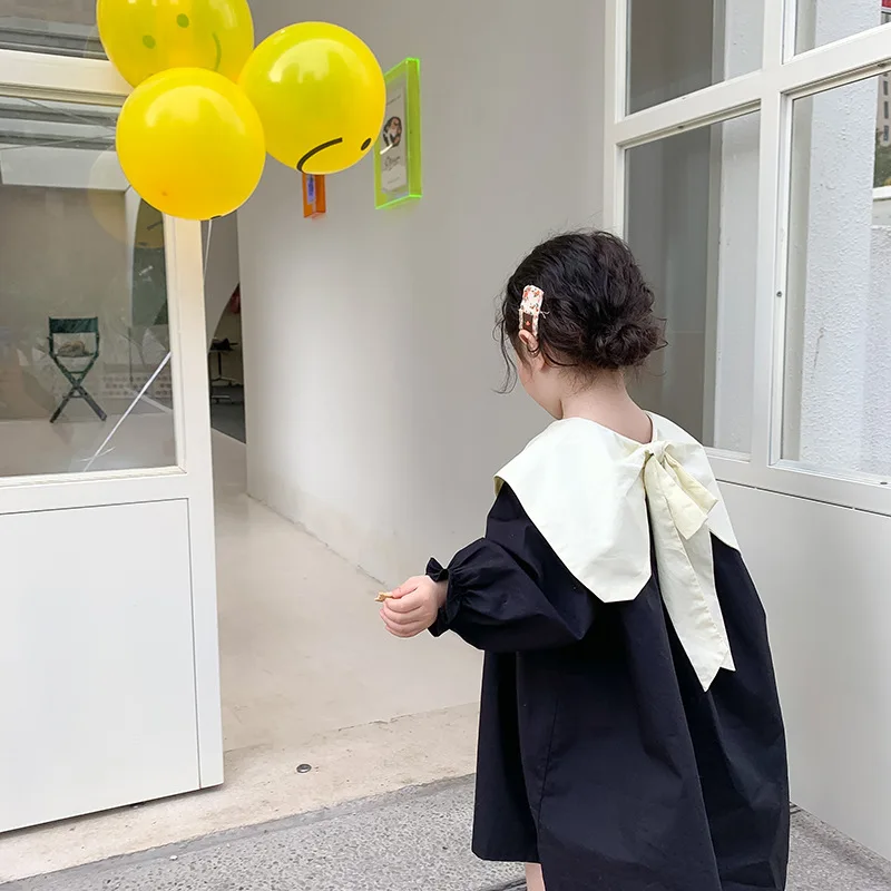 

1336C Children Clothes Girls' Bow Black White Dress Spring 2022 New Contrast Color Dress 1-7Year Girl Casual Dress